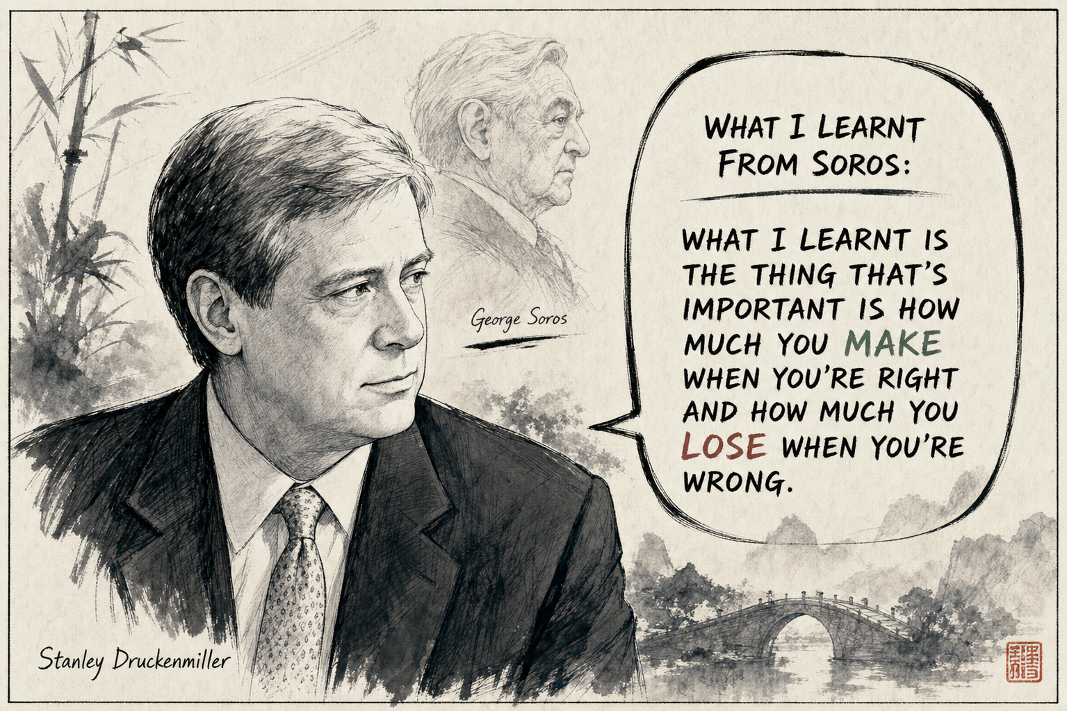 Ink sketch of Stanley Druckenmiller with a quote about making more when right than losing when wrong.
