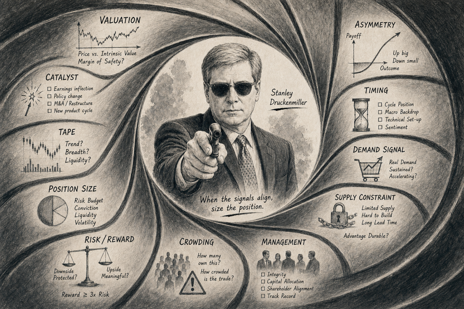 Ink-and-wash gun-barrel sketch of Stanley Druckenmiller surrounded by investing signals that resolve into a trigger-pulling position sizing decision.