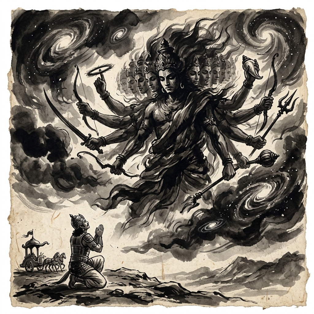 Virat Roop cosmic revelation to Arjuna on the battlefield of Kurukshetra
