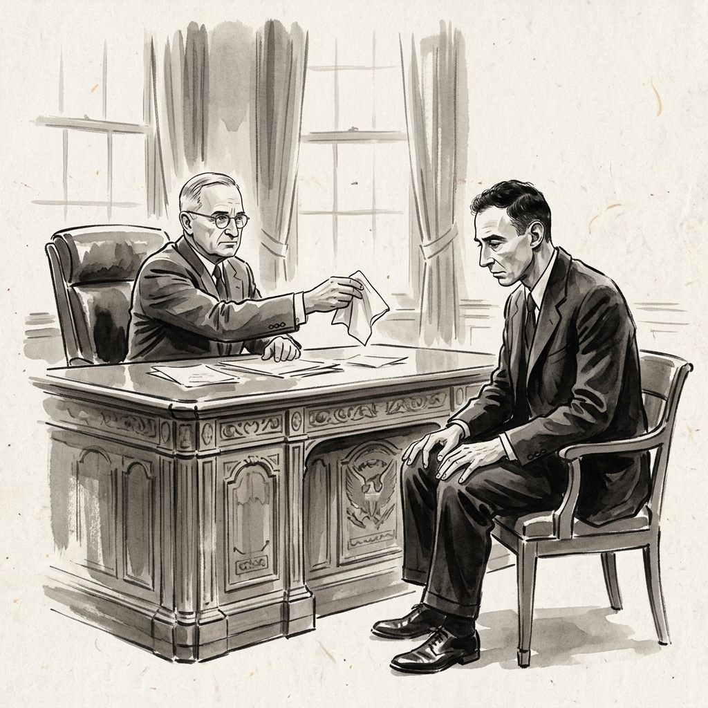 Oppenheimer and Truman in the Oval Office in 1945