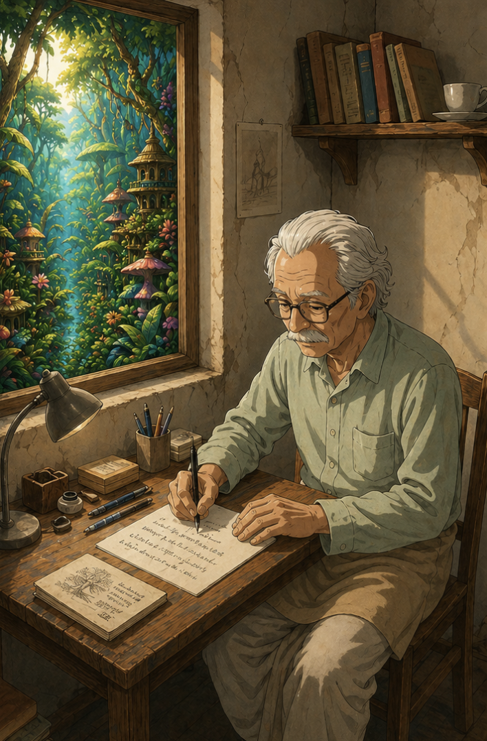 Vinod Kumar Shukl writing by a window